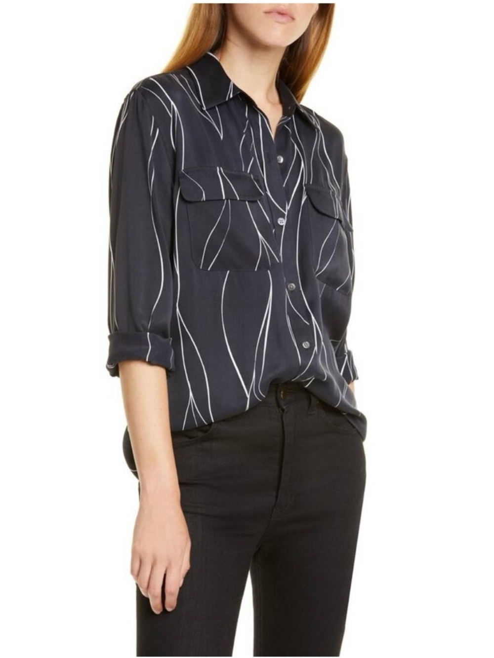 Equipment Slim Signature Silk Blend Blouse Women’s Large Black Abstract Print